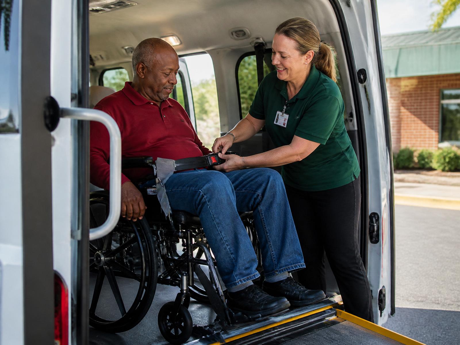 A wheelchair passenger being safely secured inside an accessible vehicle