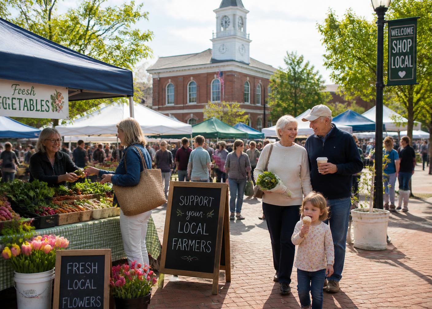 Families and seniors at a spring farmers market in a town square