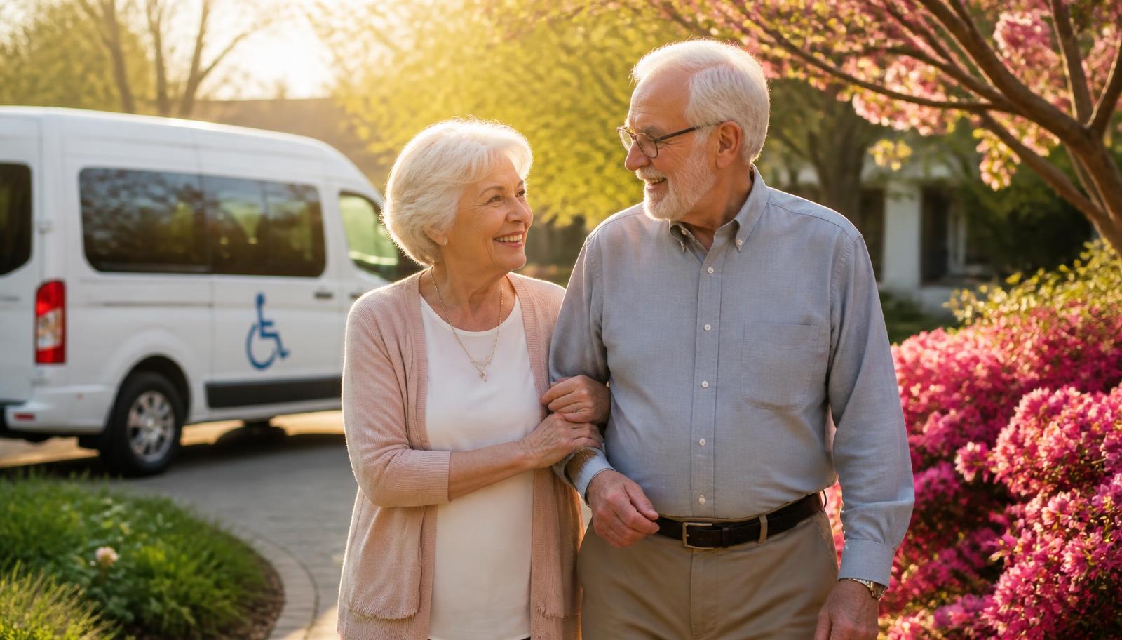 A senior couple walking arm in arm along a blooming garden path