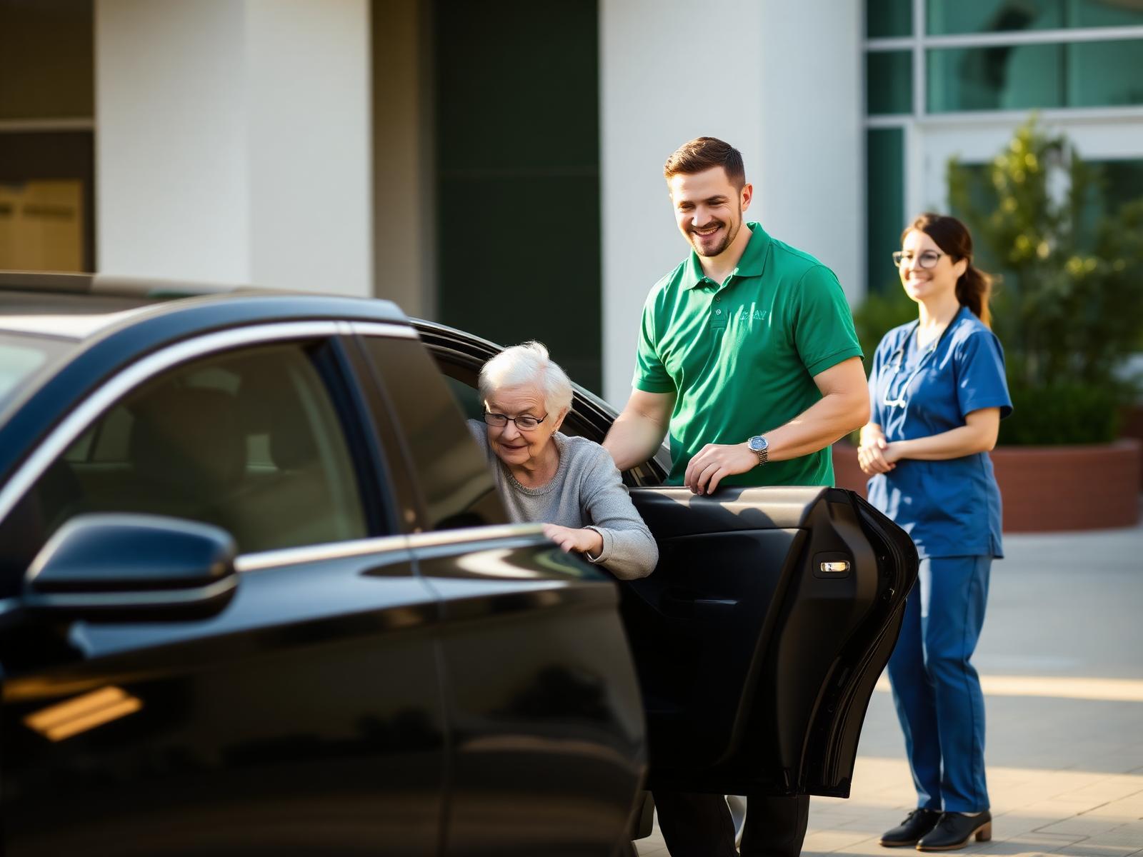 Green Way driver assisting a patient while a healthcare professional looks on