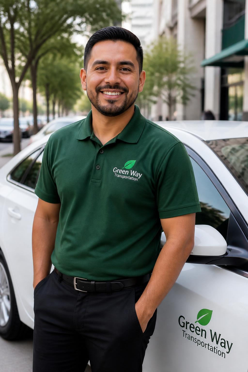 A smiling Green Way Transportation driver in a forest-green uniform polo