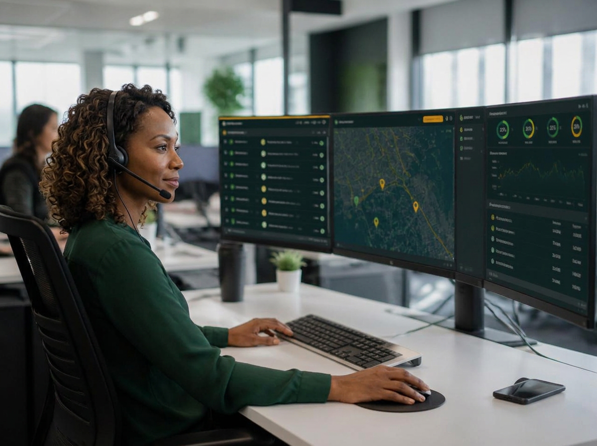 Green Way dispatch coordinator monitoring ride status on multiple screens