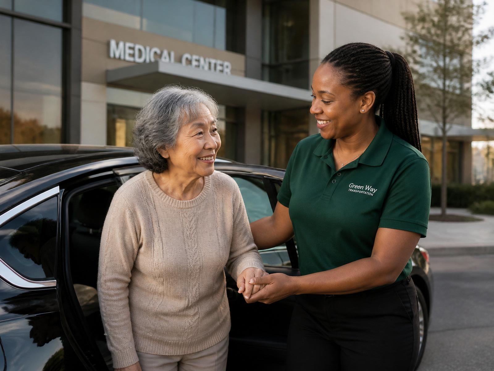 Green Way driver gently helping an elderly woman step out of the vehicle at a medical center