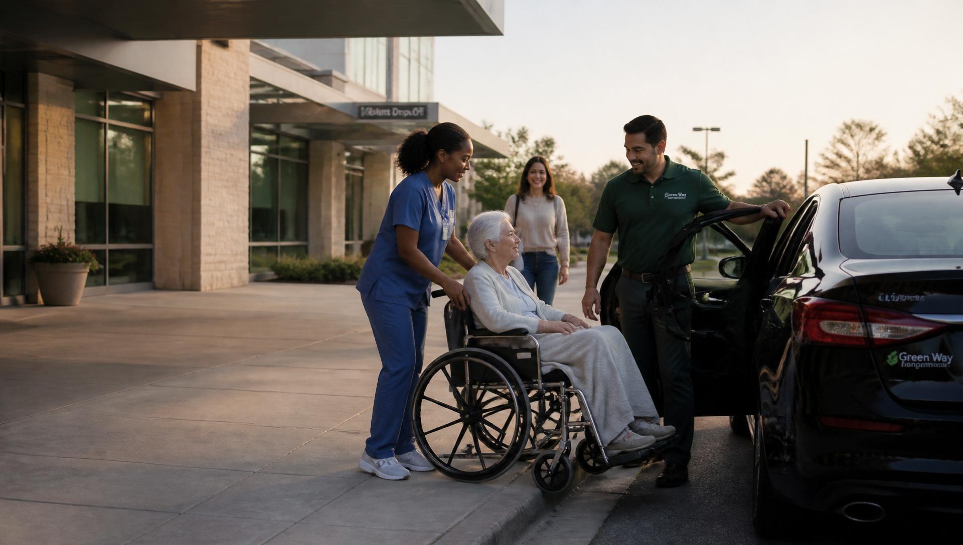 A Green Way driver, a nurse, and a family gently helping an elderly patient into a sedan outside a hospital entrance