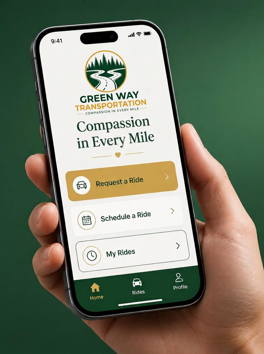 Hand holding a phone showing the Green Way Connect home screen with Green Way Transportation branding, 'Compassion in Every Mile', and Request a Ride, Schedule a Ride, and My Rides options.