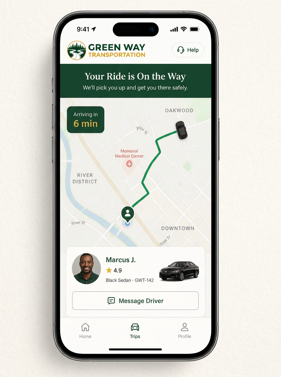 A phone showing the Green Way Connect live driver tracking screen with map, ETA, and driver details, branded with the official Green Way Transportation logo.